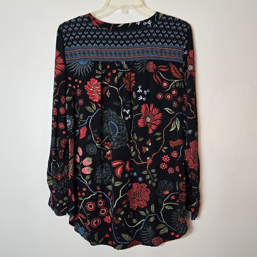 LOFT Womens Black Floral Mixed Print Long Sleeve Rayon Henley Blouse Size L - Picture 2 of 4